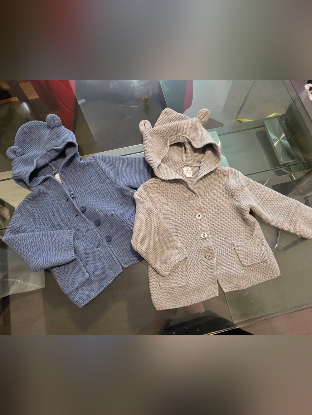 GAP Knit Hooded Cardigan with Bear Ears - Beige & Blue 18-24 Mois